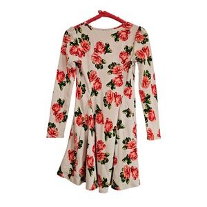 Emma Rose Floral Print Long Sleeve Fit Flare Dress Women Cream Red Roses